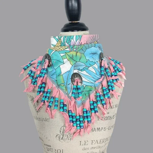 Vintage Neckerchief Western Bandana Pink Bead Medallion - Picture 1 of 7